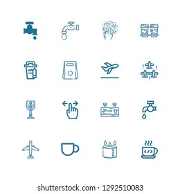 Editable 16 take icons for web and mobile. Set of take included icons line Coffee cup, Cup, Aircraft, Tap, Departure, Take off, away, Faucet on white background
