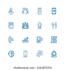 Editable 16 talk icons for web and mobile. Set of talk included icons line Call center, Chat, Smartphone, Robot, Message, Call, Discussion, Meeting, Phone on white background