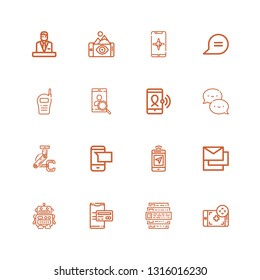 Editable 16 talk icons for web and mobile. Set of talk included icons line Smartphone, Feedback, Robot, Messages, Sms, Chat, Walkie talkie, Commentator on white background