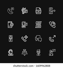 Editable 16 talk icons for web and mobile. Set of talk included icons line Answer, Call center, Robot, Phone call, Chat, Call, Smartphone, Text, Speech, Phone on black background