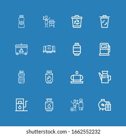 Editable 16 tank icons for web and mobile. Set of tank included icons line Oil, Heater, Gas, Gas station, Water tank, Gas pump, Recycling bin on blue background