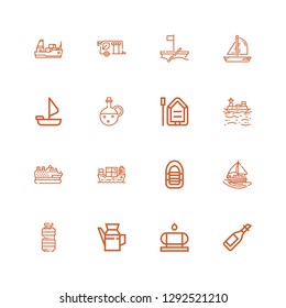 Editable 16 tanker icons for web and mobile. Set of tanker included icons line Oil, Water tank, Sailing boat, Inflatable boat, Cargo ship, Cruise, Boat, Trailer on white background
