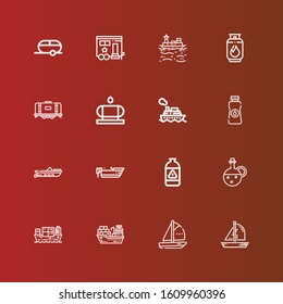 Editable 16 tanker icons for web and mobile. Set of tanker included icons line Boat, Cargo ship, Oil, Gas, Cruise, Water tank, Tank, Trailer on red