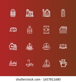 Editable 16 tanker icons for web and mobile. Set of tanker included icons line Oil, Boat, Cargo ship, Tank, Sailing boat, Cruise, Trailer, Inflatable boat on red