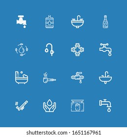 Editable 16 tap icons for web and mobile. Set of tap included icons line Tap, Pub, Water, Pipe, Sink, Bathtub, Water Faucet on blue background