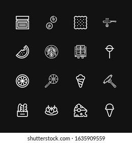 Editable 16 tasty icons for web and mobile. Set of tasty included icons line Ice cream, Cheese, Bitterballen, Bread, Sausage, Lollipop, Orange, Tofu, Watermelon on black background