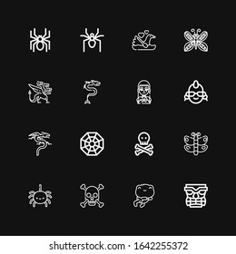 Editable 16 tattoo icons for web and mobile. Set of tattoo included icons line Tiki, Frog, Skull, Spider, Butterfly, Pagan, Dragon, Punk, Gothic, Swan on black background