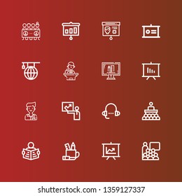 Editable 16 teacher icons for web and mobile. Set of teacher included icons line Conference, Presentation, Pencil case, Read, Lesson, Student, Online education, Learning on red