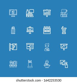 Editable 16 teacher icons for web and mobile. Set of teacher included icons line Presentation, Conference, Pencil case, Student, Learning, Classroom, Homework on blue background