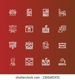 Editable 16 teaching icons for web and mobile. Set of teaching included icons line Study, School, Student, Presentation, Lesson, Elearning, Teacher, Bookcase, Students on red