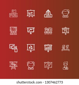 Editable 16 teaching icons for web and mobile. Set of teaching included icons line Student, Presentation, Training, Blackboard, Class, Teacher, School, Abc on red