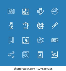 Editable 16 technology icons for web and mobile. Set of technology included icons line Focus, Gps, Socket, Network, Phone, Cube, d printer, Sketchbook, Cutter on blue background