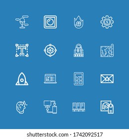 Editable 16 iconos de tecnología para web y móvil. Conjunto de tecnologías incluidas línea de iconos Huella digital, servidores, sincronización, mente, sobres, calculadora, portátil, inicio en fondo azul