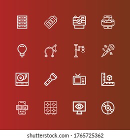Editable 16 technology icons for web and mobile. Set of technology included icons line Vinyl, Monitoring, Stove, Smartphone, Cube, Television, Flashlight, Turntable, Microphone on red