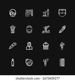 Editable 16 teeth icons for web and mobile. Set of teeth included icons line Comb, Dentist, Circular saw, Toothpaste, Veterinarian, d printing pen, Fangs, Zipper on black background