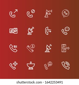 Editable 16 telecommunication icons for web and mobile. Set of telecommunication included icons line Call, Phone call, Satellite dish, Computing on red