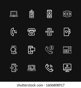 Editable 16 telephone icons for web and mobile. Set of telephone included icons line Screen, Telephone, Laptop, Smartphone, Call, Sms, Cards, Phone on black background