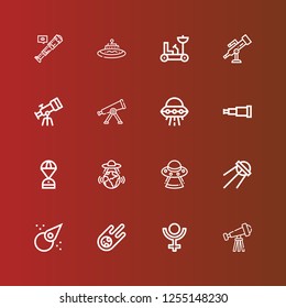 Editable 16 telescope icons for web and mobile. Set of telescope included icons line Telescope, Pluto, Meteorite, Asteroid, Sputnik, Ufo, Space capsule, Moon rover on red
