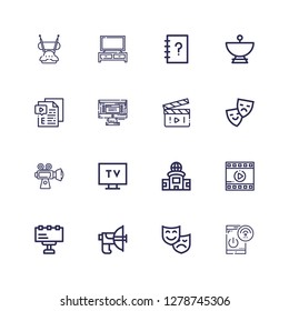 Editable 16 television icons for web and mobile. Set of television included icons line Remote control, Theatre, Parabolic, Billboard, Film, Television, Tv on white background
