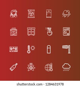 Editable 16 temperature icons for web and mobile. Set of temperature included icons line Snow, Global warming, Cold fusion, Thermometer, Wind sign, Thermo, Stove, Freezer on red
