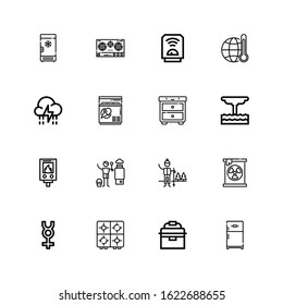 Editable 16 temperature icons for web and mobile. Set of temperature included icons line Refrigerator, Portable fridge, Stove, Mercury, Radiation, Snow, Heater on white background