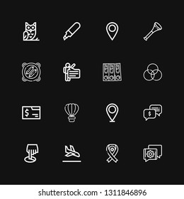 Editable 16 template icons for web and mobile. Set of template included icons line Chat, Ribbon, Landing page, Position, Placeholder, Hot air balloon, Folder on black background