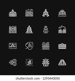Editable 16 temple icons for web and mobile. Set of temple included icons line Chichen Itza, Pagoda, Om, Thai, Palais garnier, Segovia, Mayan pyramid, Merida on black background