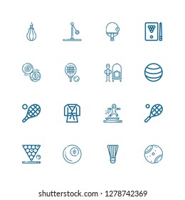 Editable 16 tennis icons for web and mobile. Set of tennis included icons line Tennis ball, Badminton, Billiard, Snooker, Tennis, Sport, Judo, Ball, Bellhop on white background