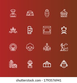 Editable 16 tent icons for web and mobile. Set of tent included icons line Indian, Tent, Clown, Travel, Hiking, Campfire, Stage, Thermo, Picnic table, Circus, Sleeping bag on red