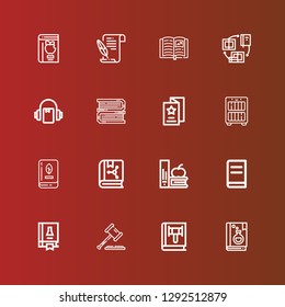 Editable 16 textbook icons for web and mobile. Set of textbook included icons line Book, Law, Science book, Books, Bookcase, Flyer, Audiobook, Literature on red