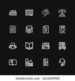 Editable 16 textbook icons for web and mobile. Set of textbook included icons line Audio guide, Bookcase, Books, Book, Bookshelf, Audiobook, Paper, Law, Retrocognition on black background