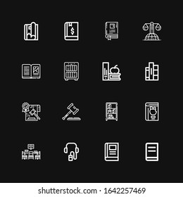 Editable 16 textbook icons for web and mobile. Set of textbook included icons line Book, Audio guide, Library, Bookcase, Law, Books, Magazine on black background