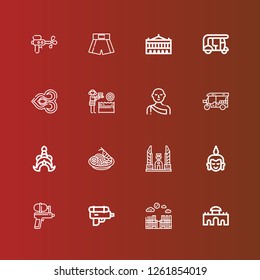 Editable 16 thailand icons for web and mobile. Set of thailand included icons line Alcala gate, Merida, Water gun, Buddha, Democracy monument, Pad thai, Thailand, Tuk tuk on red