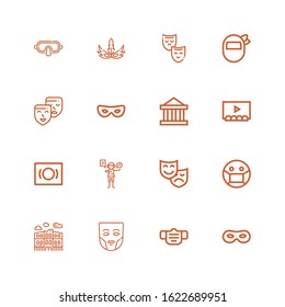 Editable 16 theatre icons for web and mobile. Set of theatre included icons line Mask, Pula arena, Theatre, Acting, Theater, Masks on white background