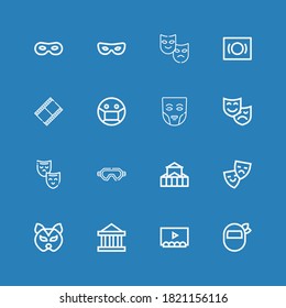Editable 16 theatre icons for web and mobile. Set of theatre included icons line Mask, Theater, Theatre, Movie film on blue background