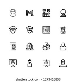 Editable 16 thief icons for web and mobile. Set of thief included icons line Burglar, Hacker, Criminal, Spyware, Salesman, Handcuffs, Police, Bandit, Cowboy on white background