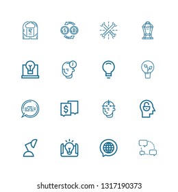 Editable 16 think icons for web and mobile. Set of think included icons line Chat, Idea, Lamp, Mind, Glow, Conversion, Brainstorm on white background