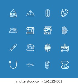 Editable 16 thread icons for web and mobile. Set of thread included icons line Leather, Rope, Blowpipe, Sewing box, Sewing machine, Sewing, Knitting, Thread on blue background