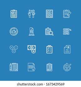 Editable 16 tick icons for web and mobile. Set of tick included icons line Check, Clipboard, Done, List, Exam, Checklist, Add button, Satisfaction, Evaluate on blue background