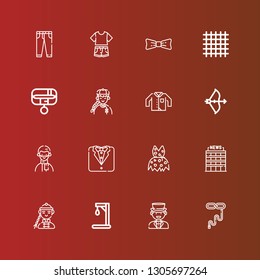 Editable 16 tie icons for web and mobile. Set of tie included icons line Tie, Man, Gallow, Office, Clothing, Tuxedo, Bow, Collar, Cloth, Clothes, Jeans on red