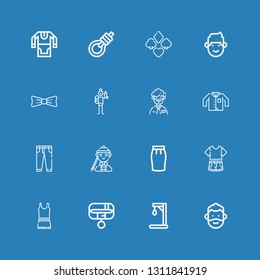 Editable 16 tie icons for web and mobile. Set of tie included icons line Man, Gallow, Collar, Clothes, Skirt, Jeans, Clothing, Father, Bow, Suit, Gallows, Tunic on blue background