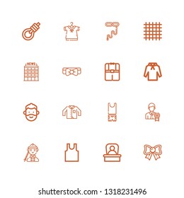 Editable 16 tie icons for web and mobile. Set of tie included icons line Bow, Boss, Sleeveless, Man, Businessman, Clothes, Clothing, Hoodie, Bow tie, Office on white background