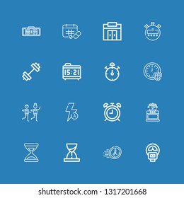 Editable 16 timer icons for web and mobile. Set of timer included icons line Parking meter, Time, Hourglass, Cooking, Alarma clock, Auto flash, Racing, Stop watch on blue background