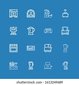 Editable 16 toaster icons for web and mobile. Set of toaster included icons line Blender, Toaster, Fryer, Microwave oven, Oven, Crepe maker on blue background