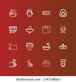 Editable 16 iconos de inodoro para web y móvil. El conjunto de inodoros incluye la línea de iconos Toilet, Wet wipes, Woman, WASHING HANDS, Sink, Bath, Mat, Tissue, Wipes, Potty, Girl on red