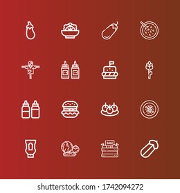 Editable 16 tomato icons for web and mobile. Set of tomato included icons line Courgette, Fruit, Vegetables, Ketchup, Oyster omelette, Bitterballen, Hamburguer, Sauces on red