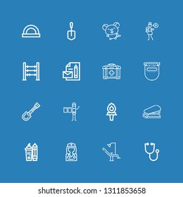 Editable 16 tool icons for web and mobile. Set of tool included icons line Stethoscope, Dentist chair, Doctor, Highlighter, Staple, Torch, Graphic designer on blue background