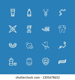 Editable 16 tooth icons for web and mobile. Set of tooth included icons line Toothpaste, Dental, Fangs, Mouthwash, Brace, Dentist chair, Tooth, Gum shield, Toothbrush on blue background