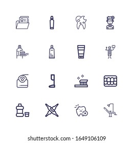 Editable 16 tooth icons for web and mobile. Set of tooth included icons line Dentist chair, Tooth, Calcium, Mouthwash, Denture, Toothbrush, Prothesis, Dental floss on white background