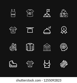 Editable 16 top icons for web and mobile. Set of top included icons line Skii, Shirt, Climbing, Favorite, Circus, Cardigan, Yoyo, Quality, Salver, Magic hat on black background